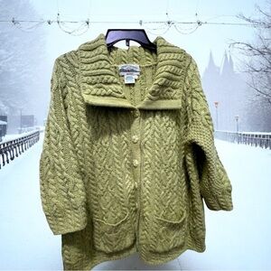 Aran crafts size large cable knit design pea green button up sweater merino wool